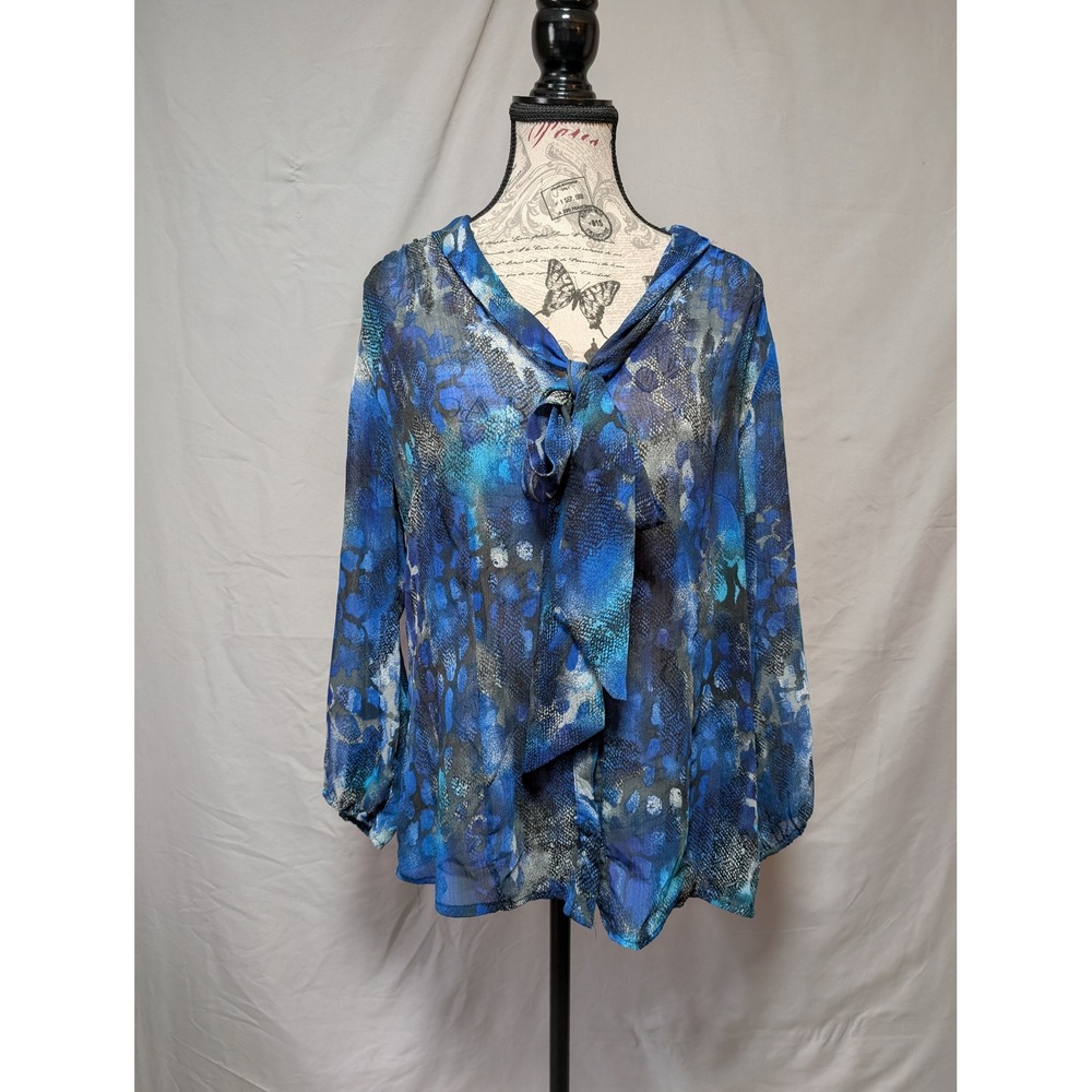 Zac & Rachel Blue Abstract Snakeskin Tie Neck Blouse Sheer Top Women's Large